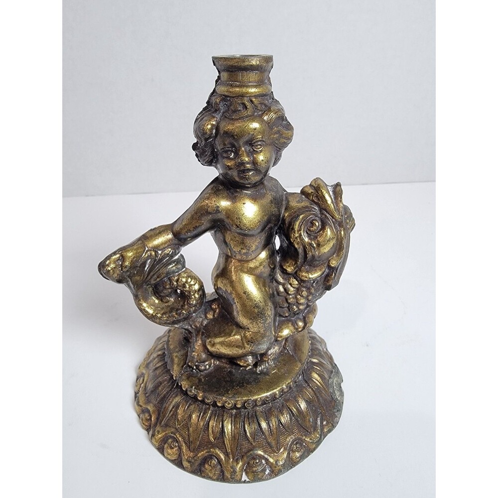 Vintage Cherub on Sea Serpent Fish Pedestal Bowl Base 7” Brass Hollywood Regency